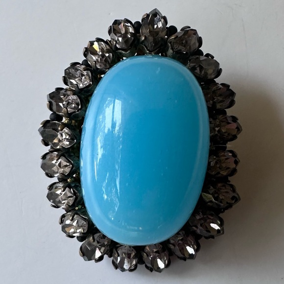 Vintage 1960s French Couture Turquoise Glass Bead Rhinestone Filigree Brooch